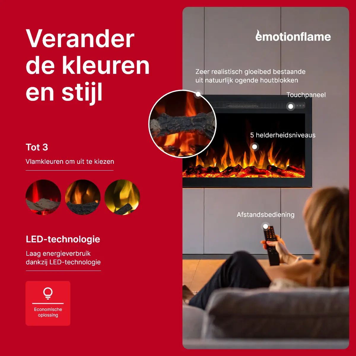 Bediening en designopties van de elektrische inbouwhaard Infinity van Emotion Flame. De infographic toont 3 vlamkleuren, een touch-paneel, 5 helderheidsniveaus en een afstandsbediening.