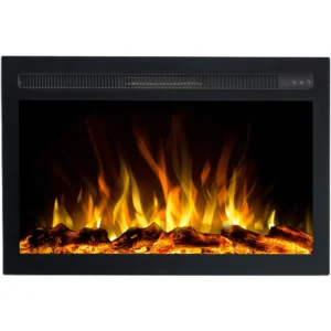 Vooraanzicht van de elektrische inbouwhaard Infinity van Emotion Flame. Realistisch sintelbed met sfeervolle, geel-oranje vlammen.