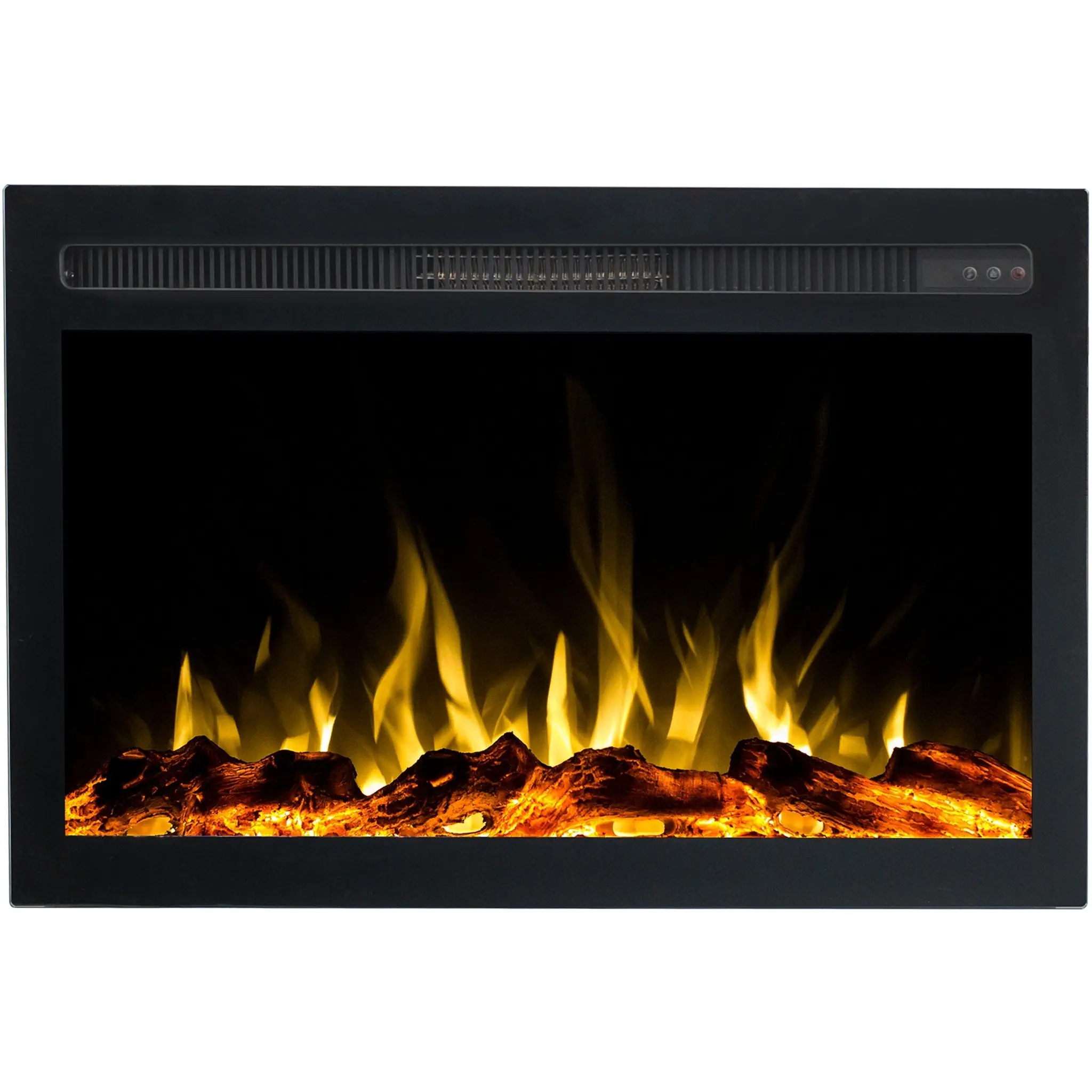 Elektrische inbouwhaard Infinity van Emotion Flame in vooraanzicht. Toont de inzethaard met een realistisch, geel vlameffect.