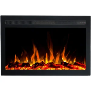 Vooraanzicht van de elektrische inbouwhaard Infinity van Emotion Flame met een realistisch oranje vlameffect en houtblokken.