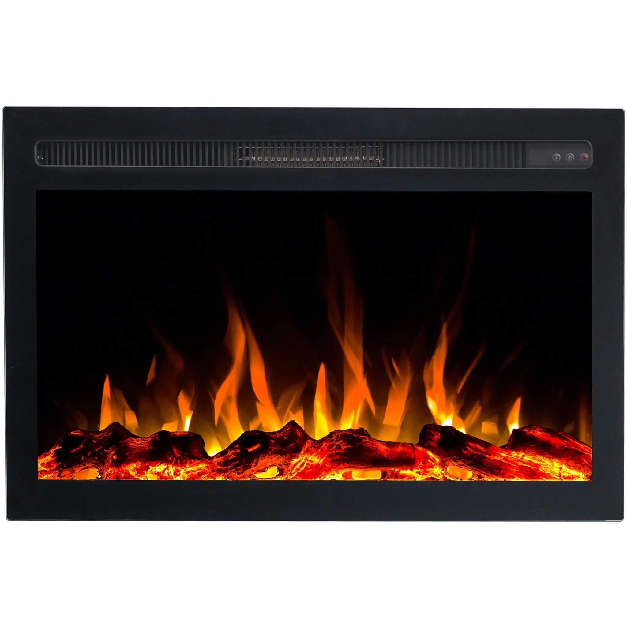 Vooraanzicht van de elektrische inbouwhaard Infinity van Emotion Flame met een realistisch oranje vlameffect en houtblokken.