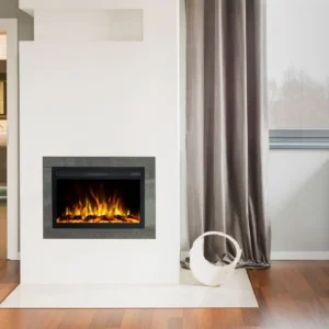 Elektrische inbouwhaard Infinity van Emotion Flame in een moderne wandopstelling met een realistisch oranje vlameffect en houtblokken.