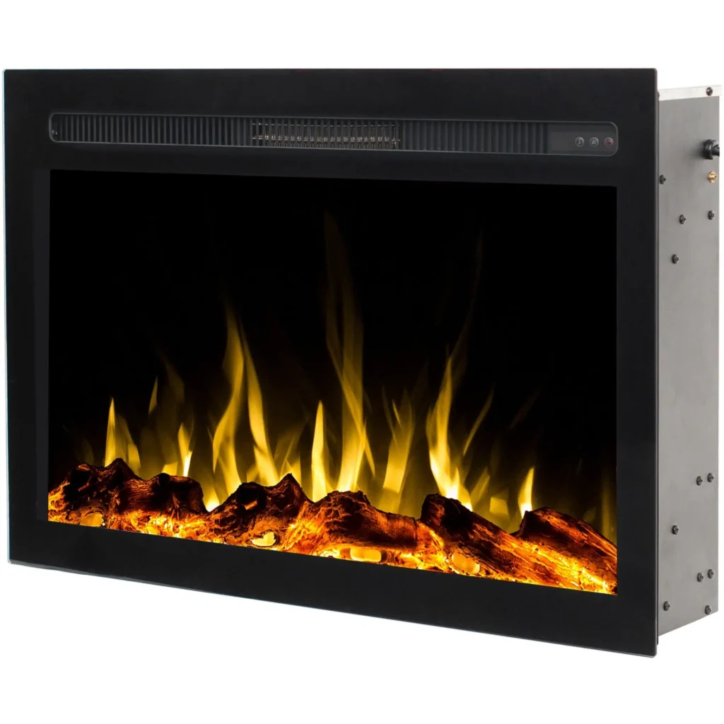 Schuin aanzicht van de elektrische inbouwhaard Infinity van Emotion Flame. Toont realistische houtblokken met een geel vlameffect.