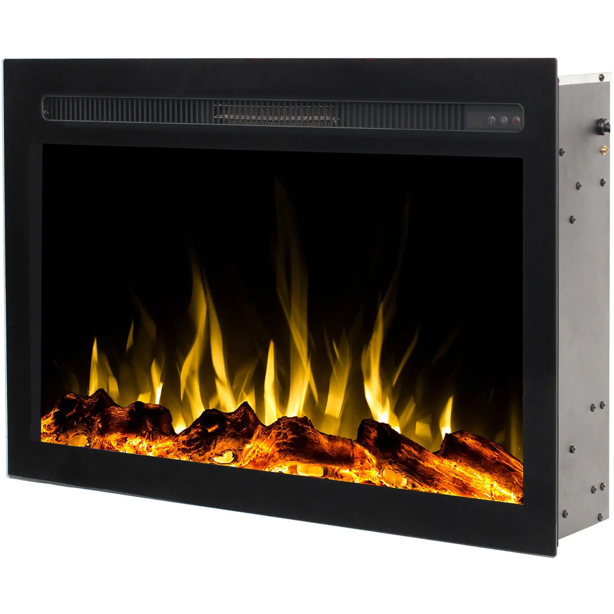 Schuin aanzicht van de elektrische inbouwhaard Infinity van Emotion Flame. Toont realistische houtblokken met een geel vlameffect.