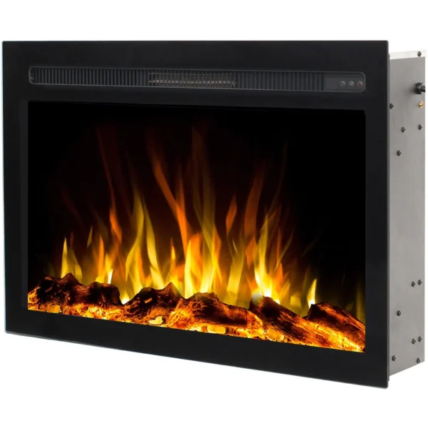 Elektrische inbouwhaard Infinity van Emotion Flame in zijaanzicht, verlicht met een realistisch oranje-geel vlameffect.