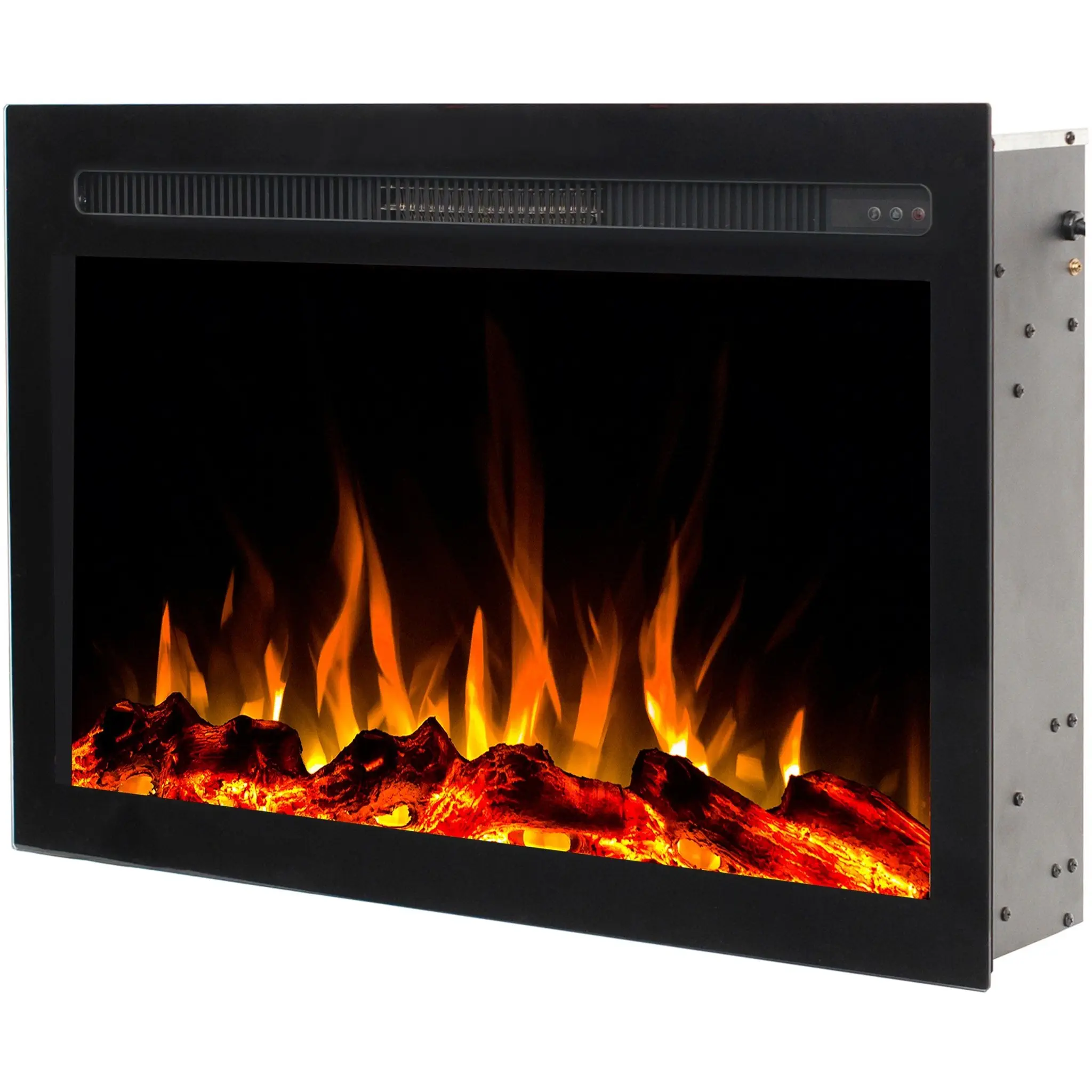 Zijaanzicht van de elektrische inbouwhaard Infinity van Emotion Flame. Realistisch sintelbed met een oranje LED-vlameffect.