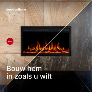 Elektrische inbouwhaard Infinity van Emotion Flame met een inbouwhoogte van 50 cm. De infographic toont flexibele plaatsingsopties in lichte en donkere wanden.