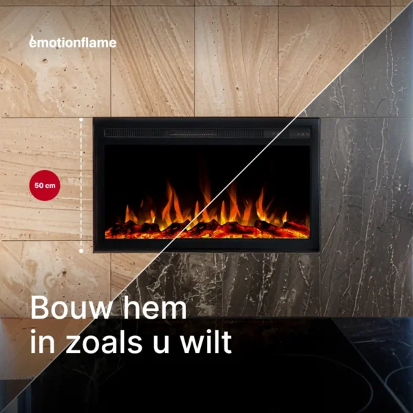 Elektrische inbouwhaard Infinity van Emotion Flame met een inbouwhoogte van 50 cm. De infographic toont flexibele plaatsingsopties in lichte en donkere wanden.