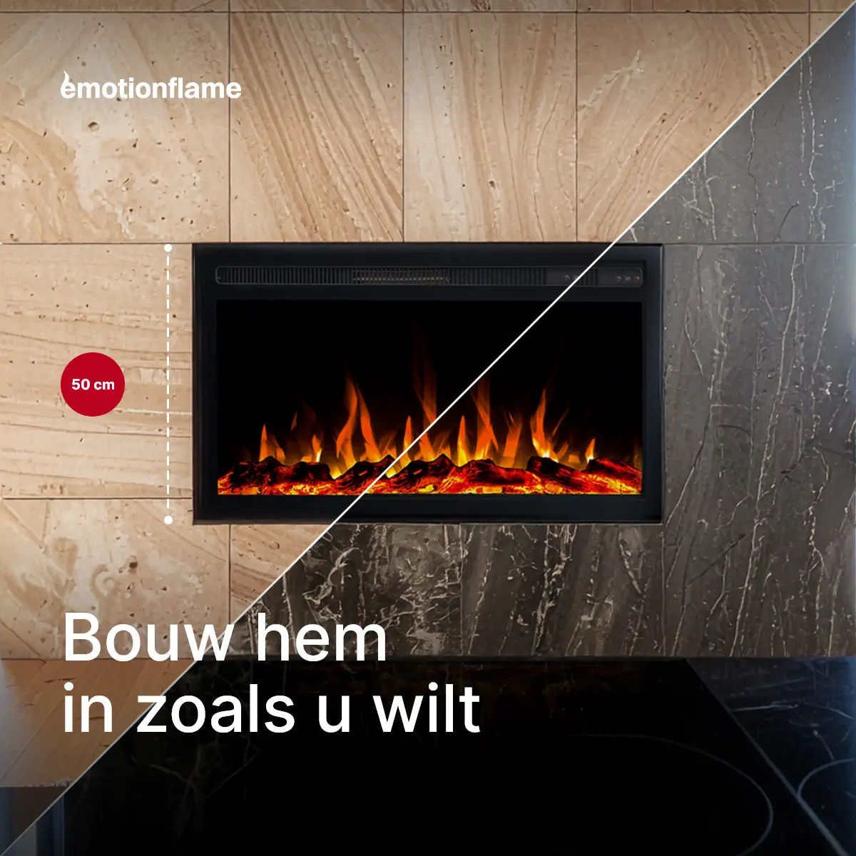Elektrische inbouwhaard Infinity van Emotion Flame met een inbouwhoogte van 50 cm. De infographic toont flexibele plaatsingsopties in lichte en donkere wanden.