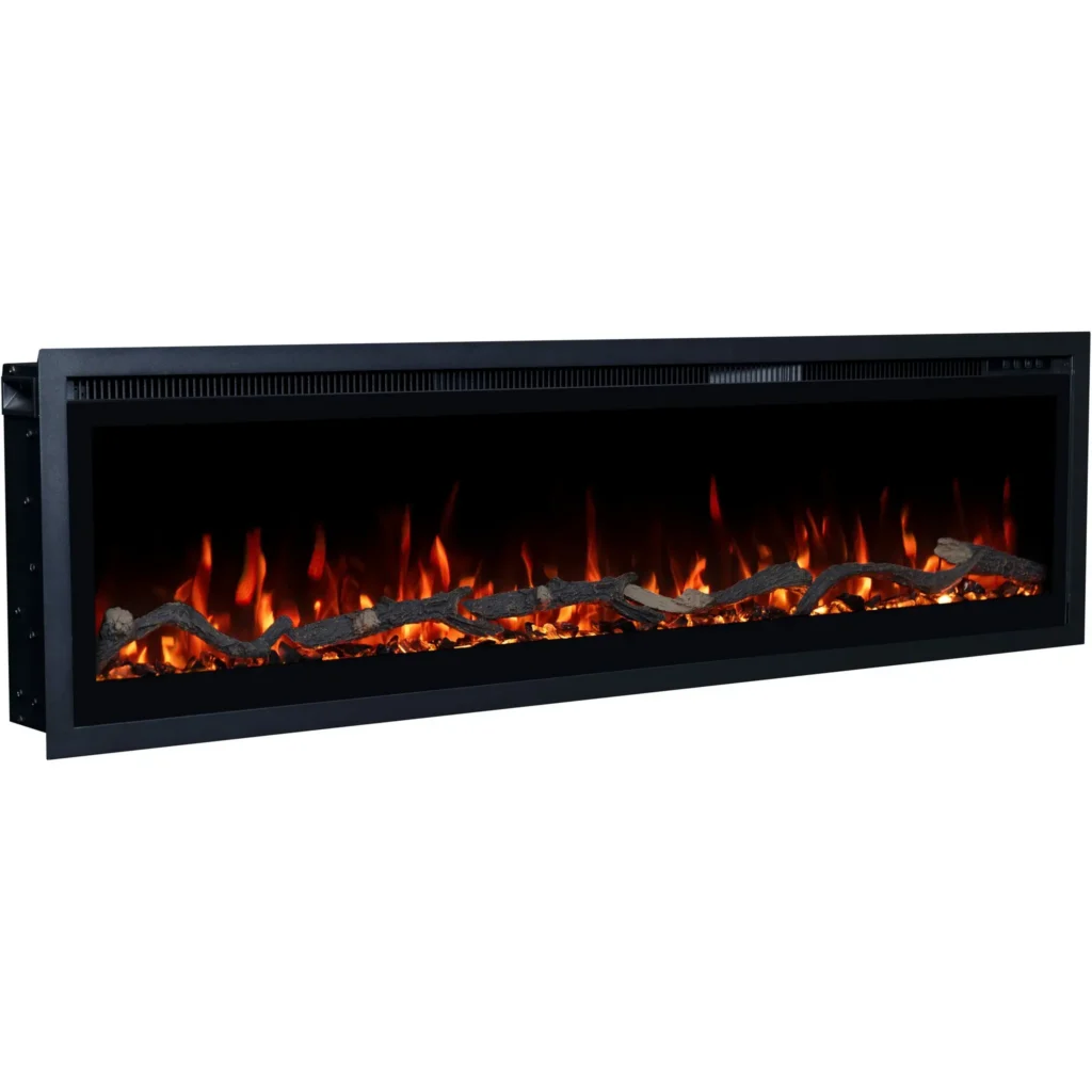 Elektrische LED-haard Emotion Flame Regal schuin van opzij, realistisch sintelbed met decoratieve houtblokken en rood vuur.