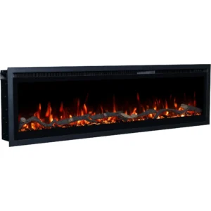 Elektrische LED-haard Emotion Flame Regal schuin van opzij, realistisch sintelbed met decoratieve houtblokken en rood vuur.