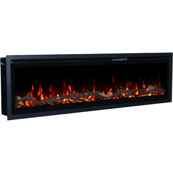 Elektrische LED-haard Emotion Flame Regal schuin van opzij, realistisch sintelbed met decoratieve houtblokken en rood vuur.