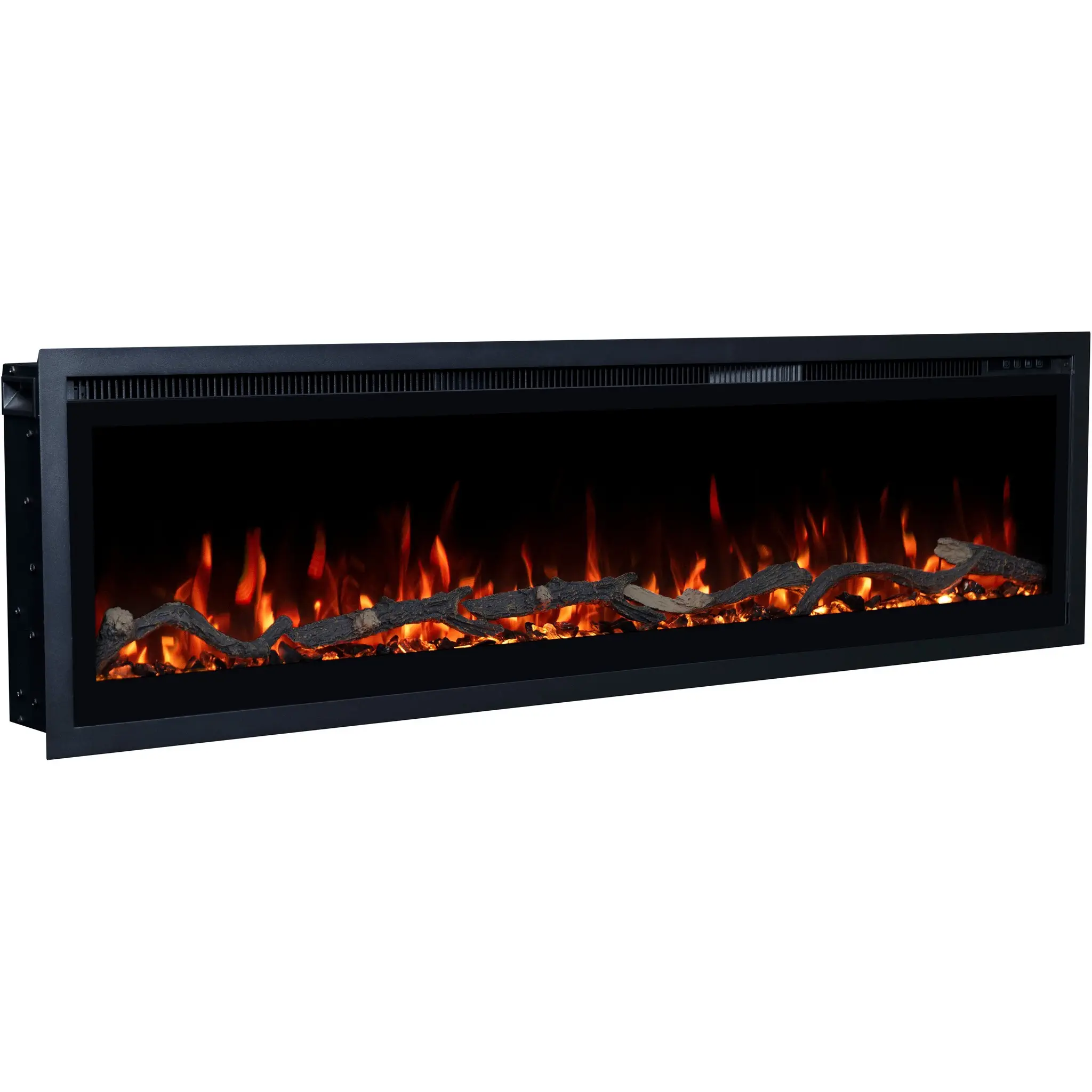 Elektrische LED-haard Emotion Flame Regal schuin van opzij, realistisch sintelbed met decoratieve houtblokken en rood vuur.