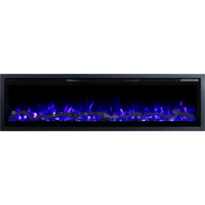Moderne elektrische wandhaard Emotion Flame Regal, vlak voorpaneel met ingeschakeld blauw 3D-vlameffect.
