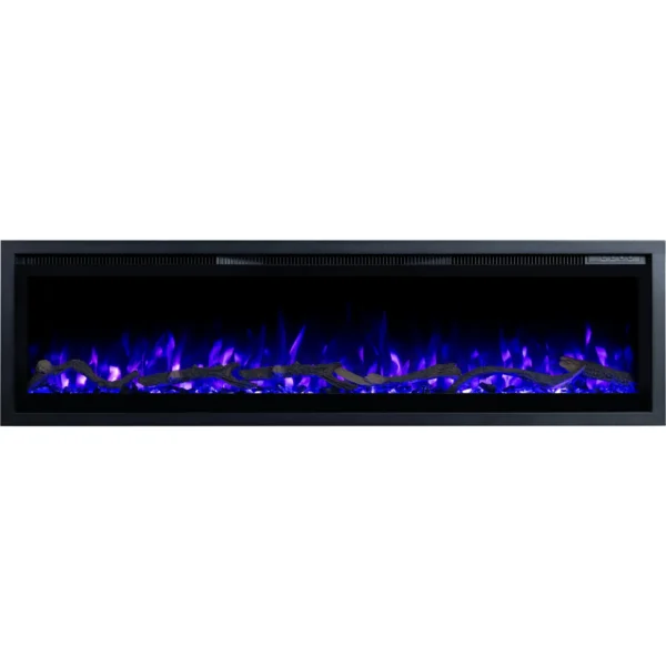 Moderne elektrische wandhaard Emotion Flame Regal, vlak voorpaneel met ingeschakeld blauw 3D-vlameffect.