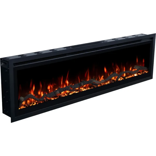 Elektrische wandhaard Emotion Flame Regal gefotografeerd van bovenaf, rode vlammen boven gloeiende kristallen en hout.