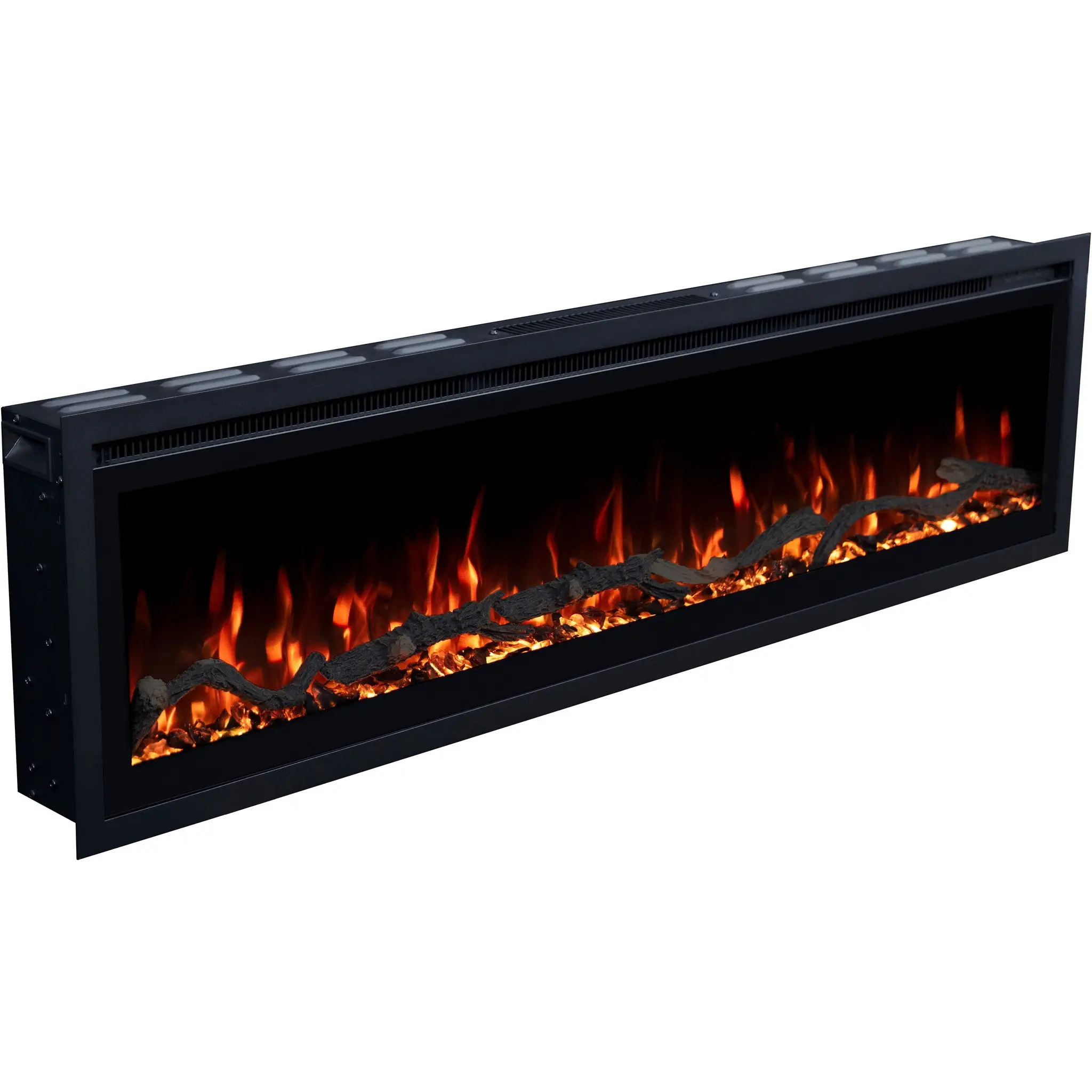 Elektrische wandhaard Emotion Flame Regal gefotografeerd van bovenaf, rode vlammen boven gloeiende kristallen en hout.