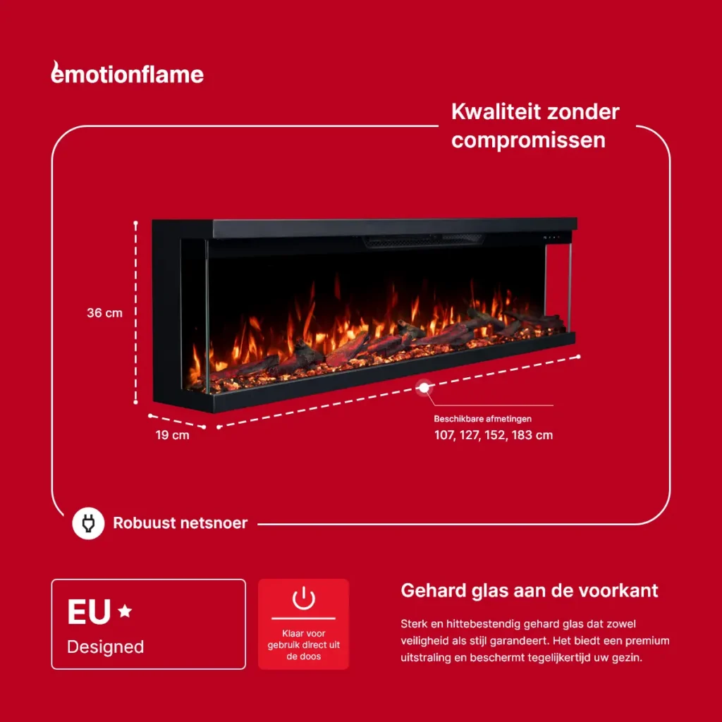 Elektrische haard Emotion Flame Unity: afmetingen (36 cm hoog, 19 cm diep, 107-183 cm breed). Met Europees design, robuuste kabel en gehard veiligheidsglas.