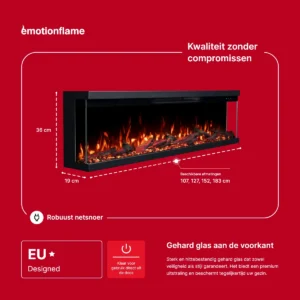 Elektrische haard Emotion Flame Unity: afmetingen (36 cm hoog, 19 cm diep, 107-183 cm breed). Met Europees design, robuuste kabel en gehard veiligheidsglas.