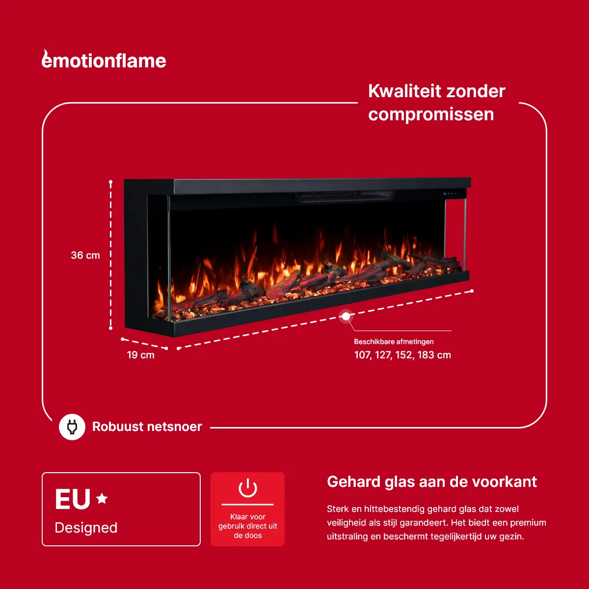 Elektrische haard Emotion Flame Unity: afmetingen (36 cm hoog, 19 cm diep, 107-183 cm breed). Met Europees design, robuuste kabel en gehard veiligheidsglas.