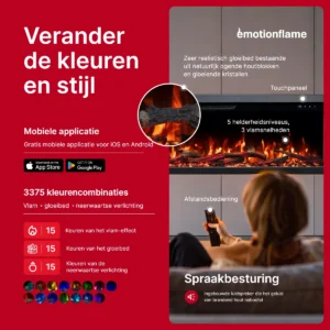 Elektrische haard Emotion Flame Unity: bediening via app, spraakbesturing, afstandsbediening en touch, met 3375 kleurcombinaties voor de vlammen en het sintelbed.