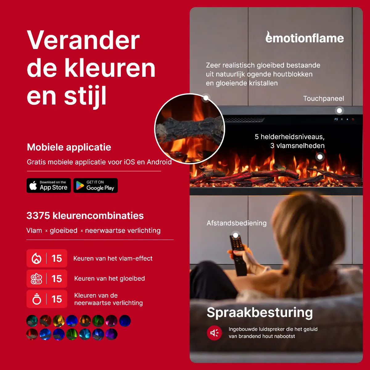 Elektrische haard Emotion Flame Unity: bediening via app, spraakbesturing, afstandsbediening en touch, met 3375 kleurcombinaties voor de vlammen en het sintelbed.