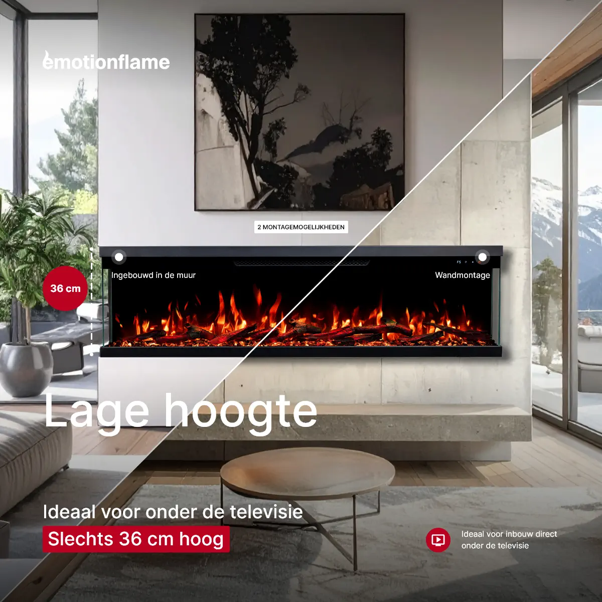Elektrische haard Emotion Flame Unity: geringe hoogte van slechts 36 cm, ideaal voor wandmontage of inbouw direct unter de televisie.