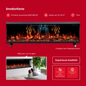 Elektrische haard Emotion Flame Unity: verwarming (900/1800 W) voor 20-30 m², timer, kinderslot, vrijstaande optie en 'alleen-vlam-modus' zonder verwarming.