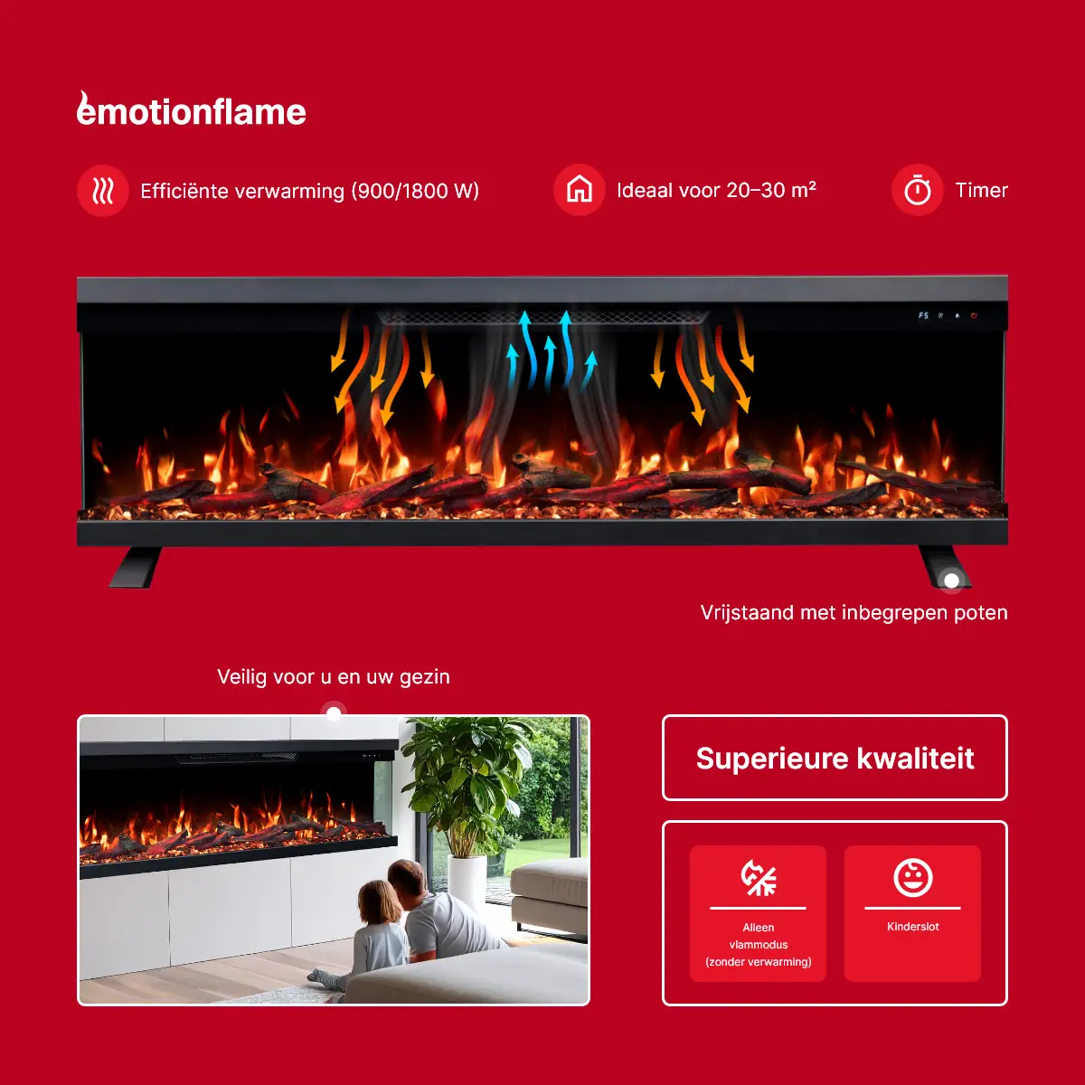 Elektrische haard Emotion Flame Unity: verwarming (900/1800 W) voor 20-30 m², timer, kinderslot, vrijstaande optie en 