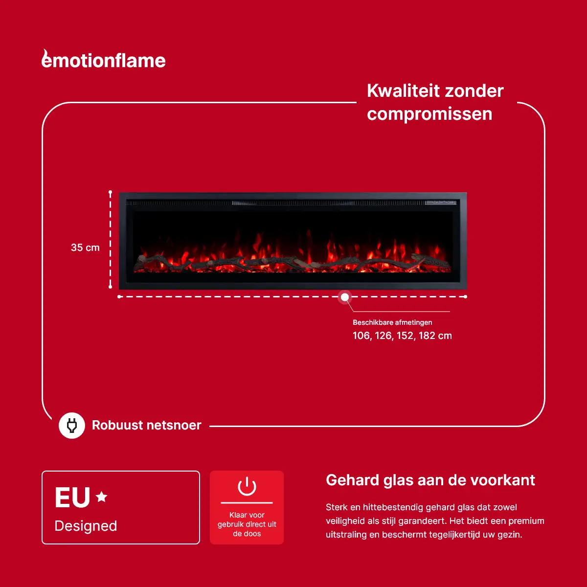 Elektrische wandhaard van Emotion Flame, hoogte 35 cm, gehard glazen voorpaneel.
