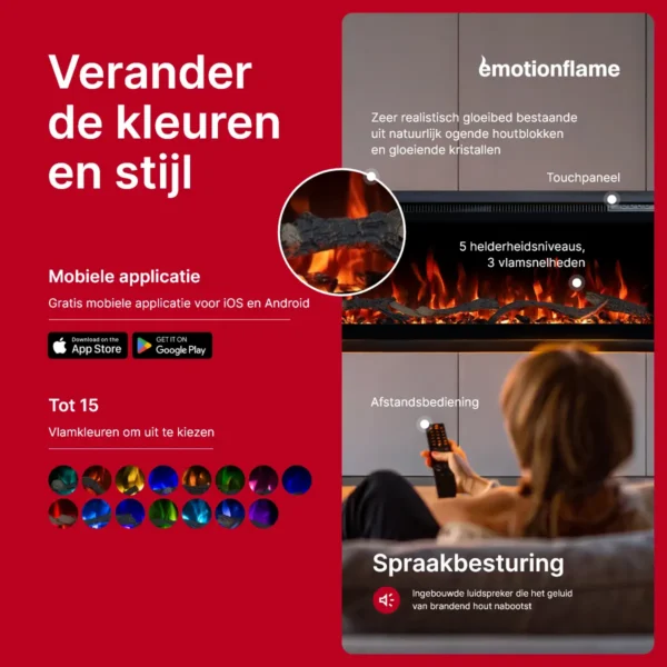 Elektrische haard van Emotion Flame met app-bediening, 15 vlamkleuren, touch-paneel, afstandsbediening en knetterend vuurgeluid.