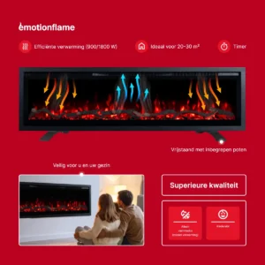 Elektrische haard van Emotion Flame met 900/1800 W verwarming, pootjes, timer, kinderslot en 'alleen-vlam-modus' zonder verwarming.