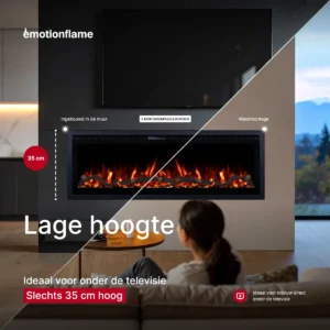 Elektrische haard van Emotion Flame met een hoogte van 35 cm, ideaal voor onder de tv, met 2 montageopties: inbouw en wandmontage.