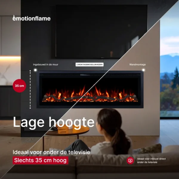 Elektrische haard van Emotion Flame met een hoogte van 35 cm, ideaal voor onder de tv, met 2 montageopties: inbouw en wandmontage.