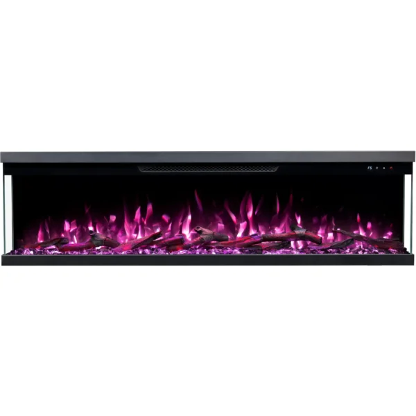 Driezijdige panoramische elektrische haard Emotion Flame Unity in vooraanzicht met een roze vlameffect en gloeiende houtblokken.