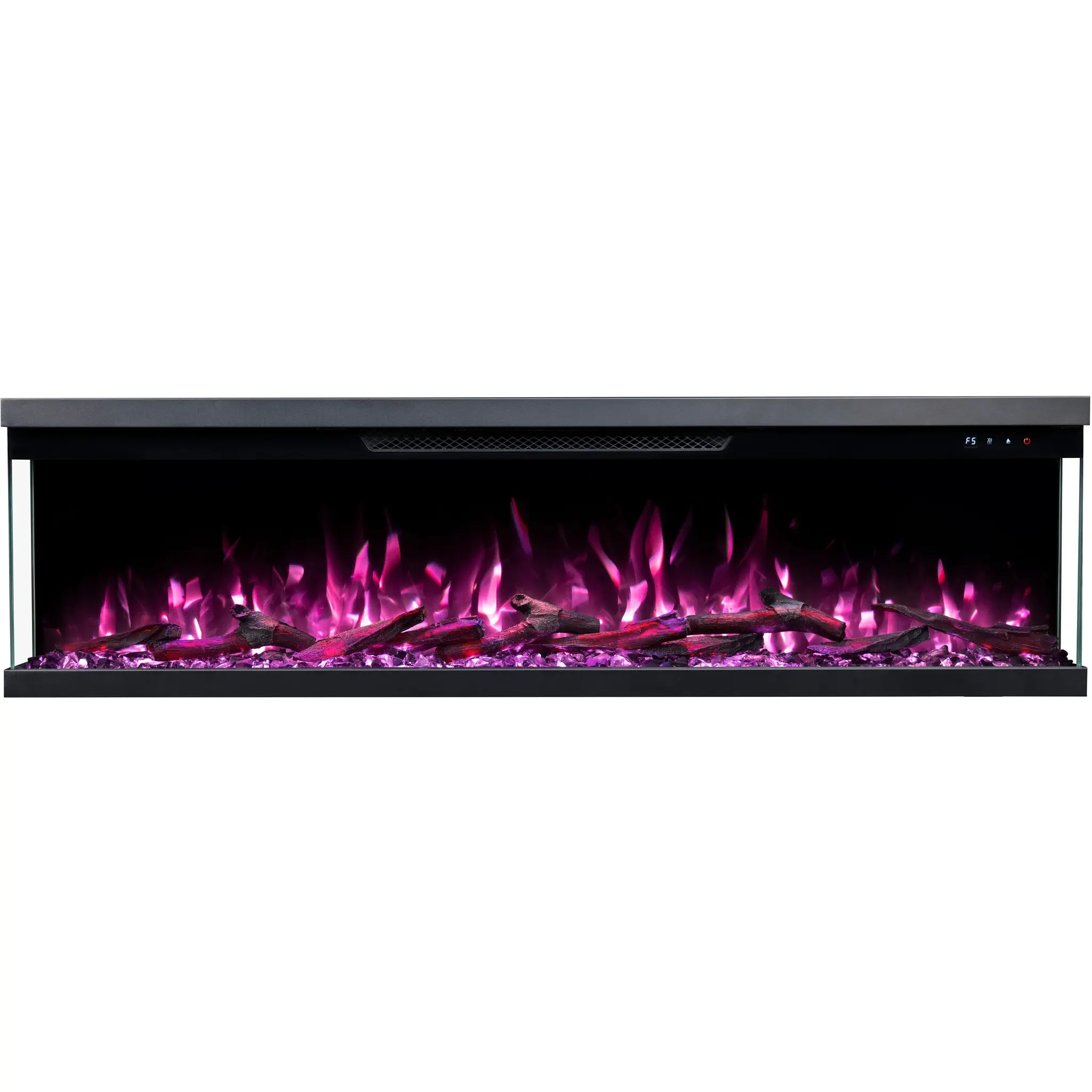 Driezijdige panoramische elektrische haard Emotion Flame Unity in vooraanzicht met een roze vlameffect en gloeiende houtblokken.
