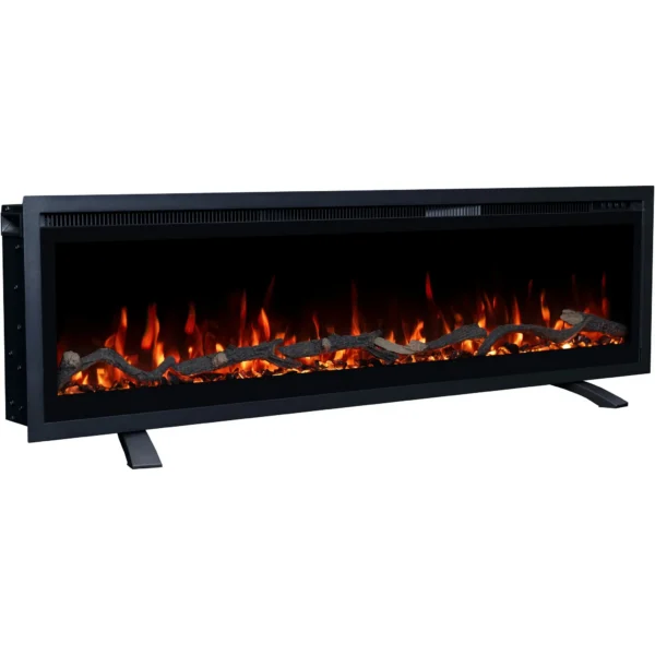 Vrijstaande elektrische haard Emotion Flame Regal op pootjes, rode LED-vlammen, hout en kristallen vanuit zijperspectief.