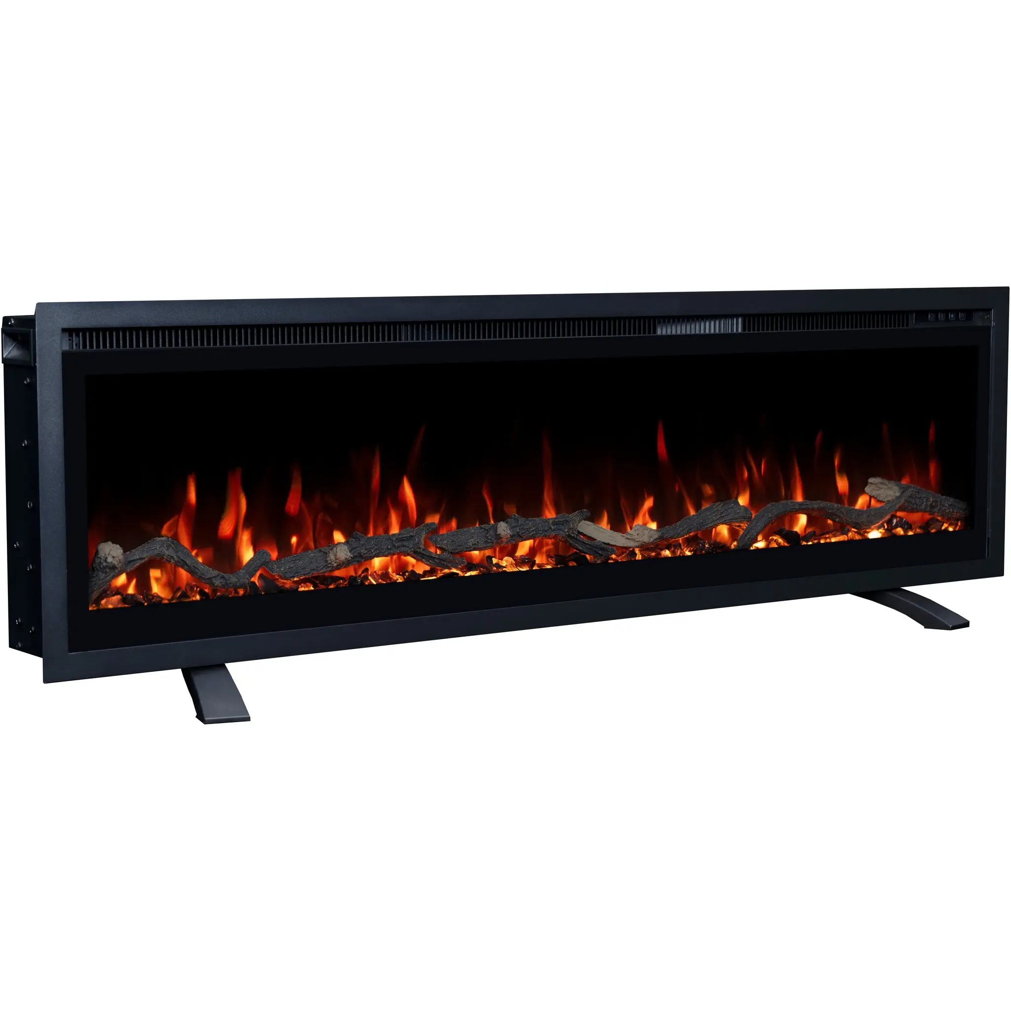 Vrijstaande elektrische haard Emotion Flame Regal op pootjes, rode LED-vlammen, hout en kristallen vanuit zijperspectief.