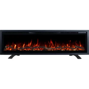 Zwarte vrijstaande elektrische haard Emotion Flame Regal met klassieke rode vlam, vooraanzicht van de houtblokken.