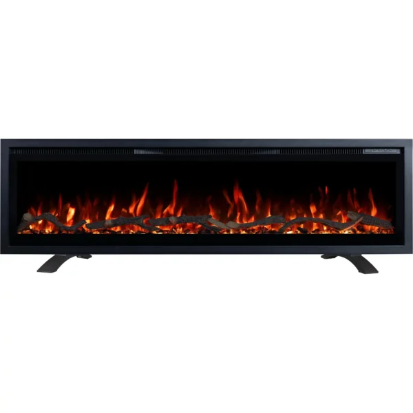 Zwarte vrijstaande elektrische haard Emotion Flame Regal met klassieke rode vlam, vooraanzicht van de houtblokken.