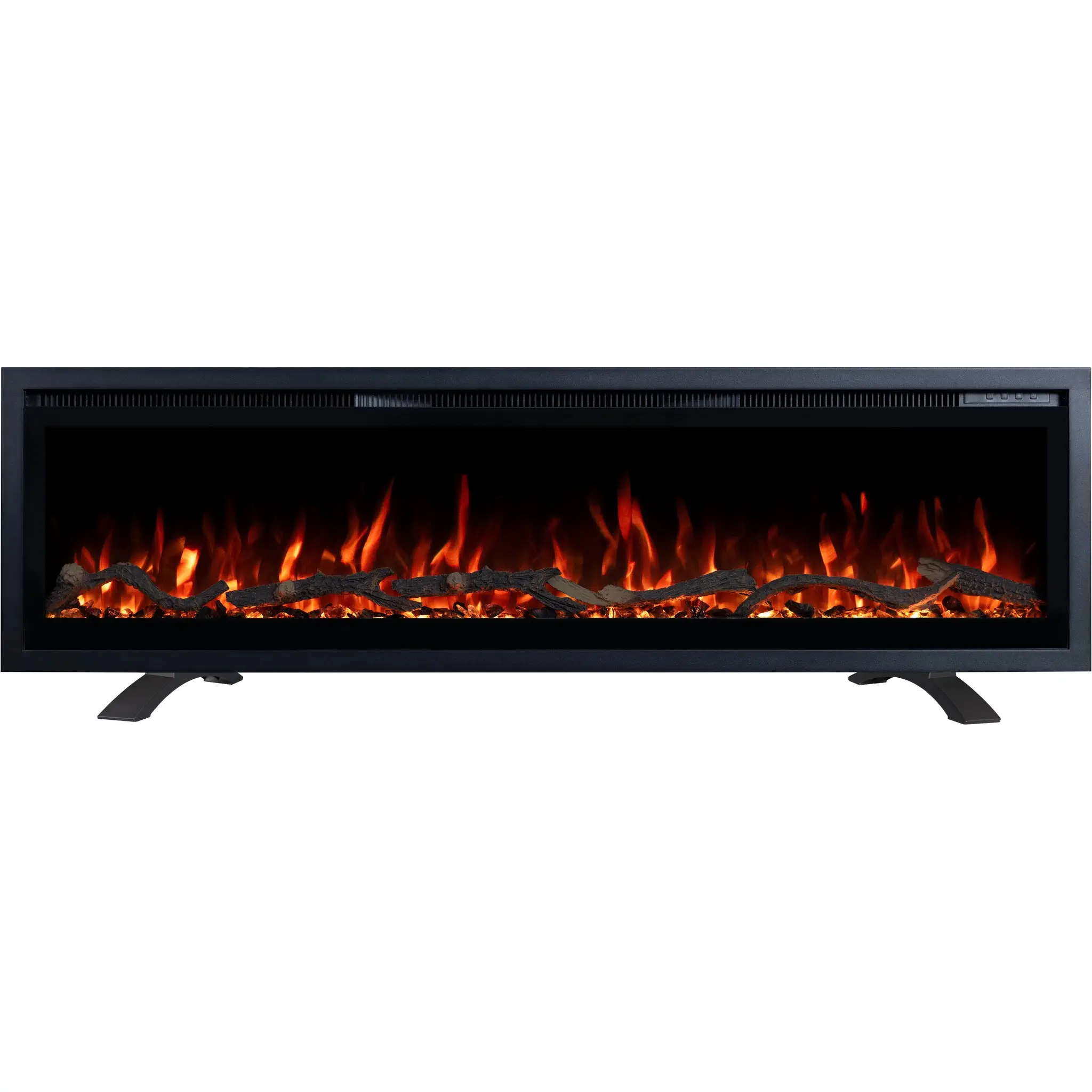 Zwarte vrijstaande elektrische haard Emotion Flame Regal met klassieke rode vlam, vooraanzicht van de houtblokken.