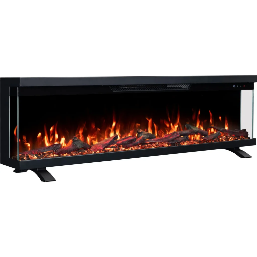 Vrijstaande driezijdige elektrische haard Emotion Flame Unity op pootjes, zijaanzicht met een oranje vlameffect en een sintelbed van kristallen.