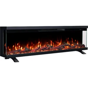 Vrijstaande driezijdige elektrische haard Emotion Flame Unity op pootjes, zijaanzicht met een oranje vlameffect en een sintelbed van kristallen.