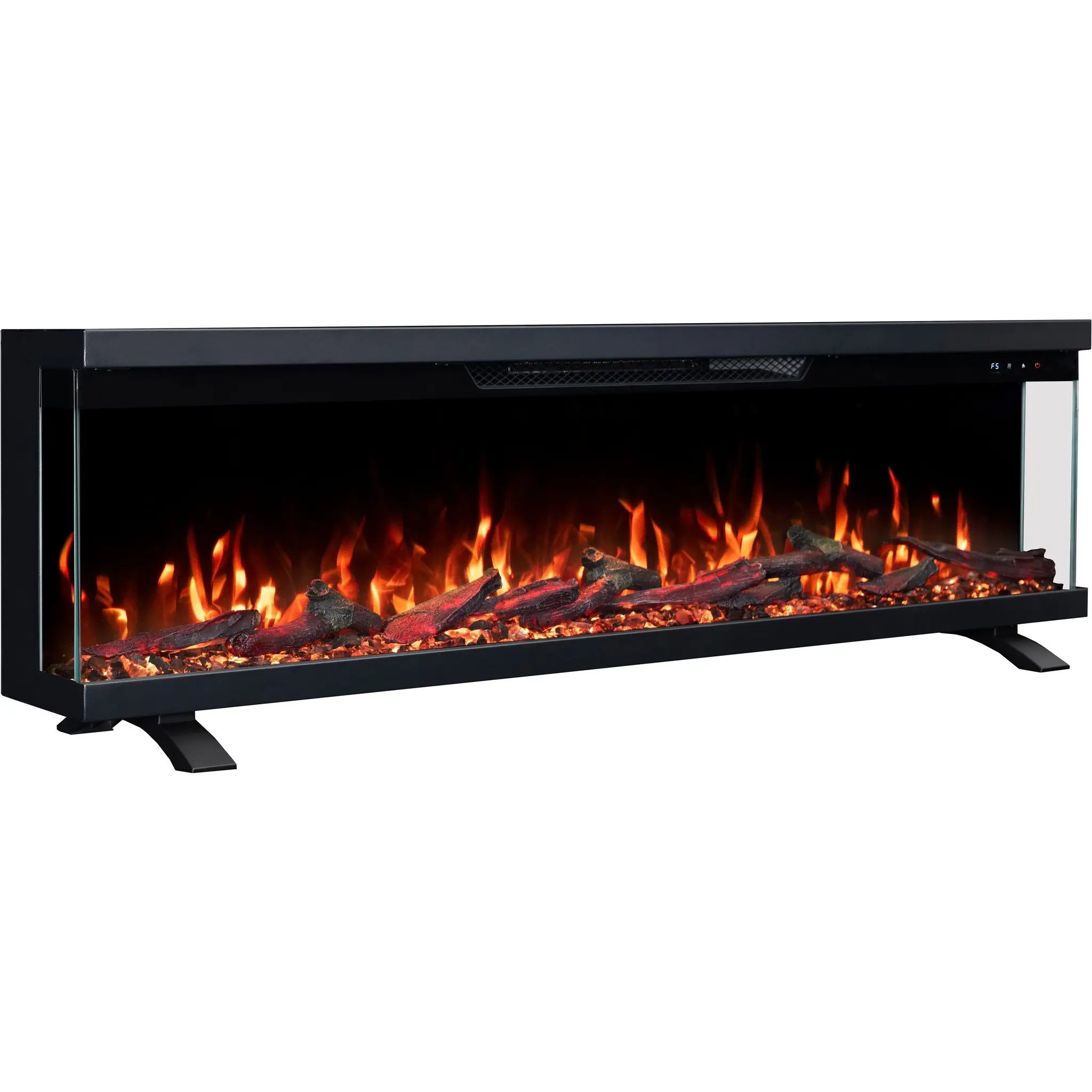 Vrijstaande driezijdige elektrische haard Emotion Flame Unity op pootjes, zijaanzicht met een oranje vlameffect en een sintelbed van kristallen.