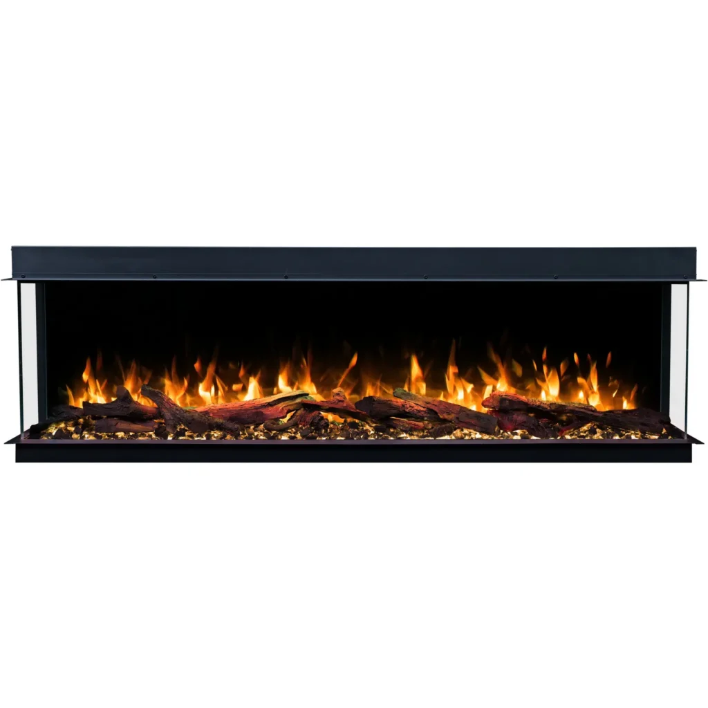 Driezijdige elektrische haard Emotion Flame Solis in vooraanzicht met een realistisch oranje vlameffect, houtblokken en kristallen.