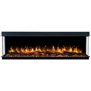 Driezijdige elektrische haard Emotion Flame Solis in vooraanzicht met een realistisch oranje vlameffect, houtblokken en kristallen.