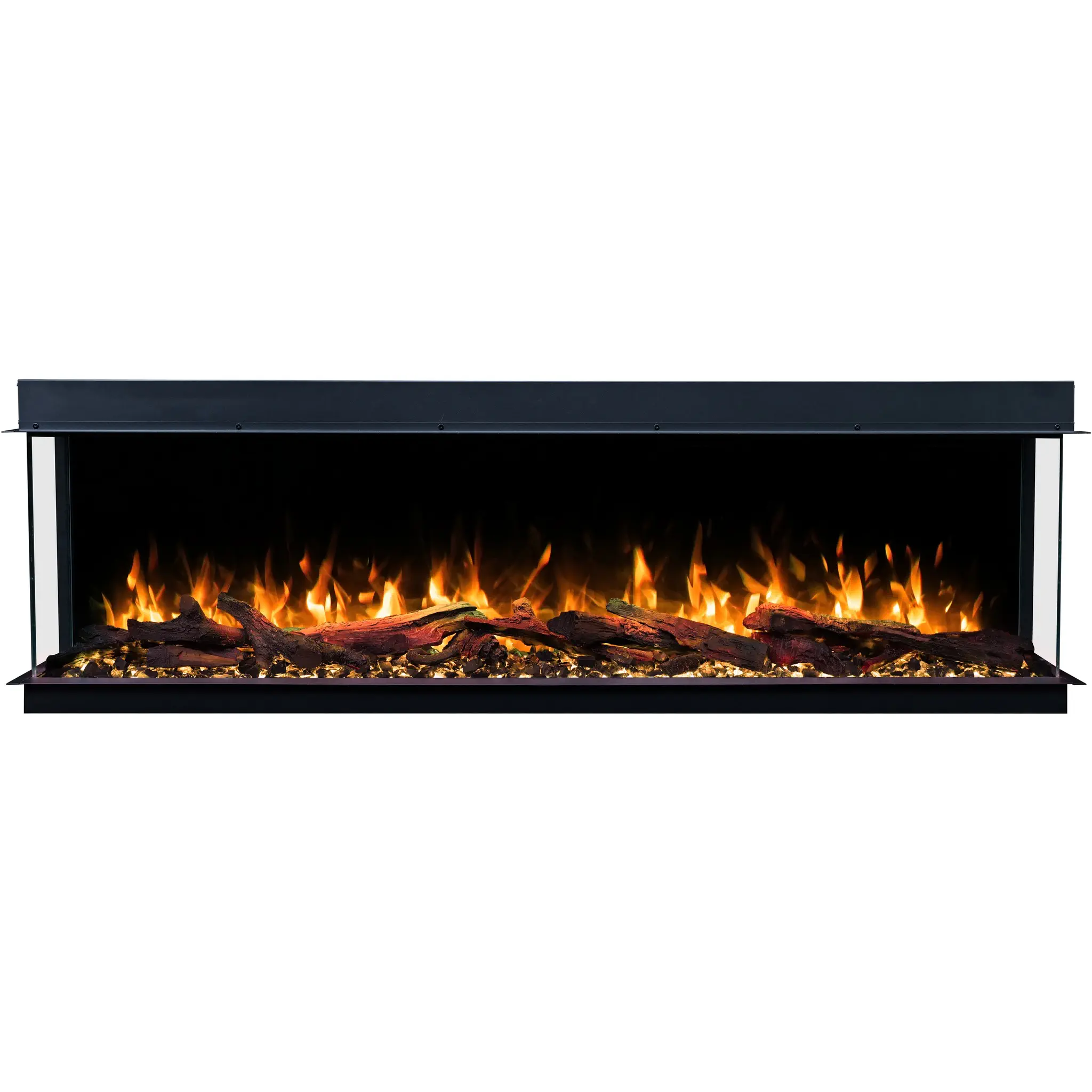 Driezijdige elektrische haard Emotion Flame Solis in vooraanzicht met een realistisch oranje vlameffect, houtblokken en kristallen.