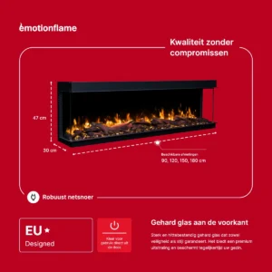 Afmetingen van de elektrische haard Emotion Flame Solis: 47 cm hoog, 30 cm diep en beschikbare breedtes van 90 tot 180 cm, met een gehard glazen voorpaneel.