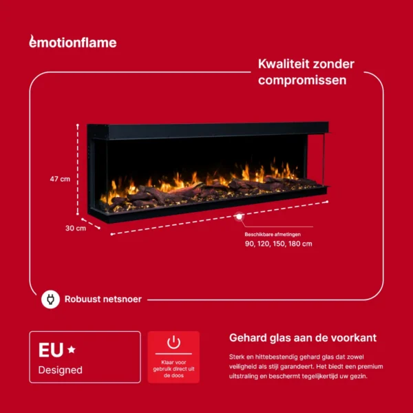 Afmetingen van de elektrische haard Emotion Flame Solis: 47 cm hoog, 30 cm diep en beschikbare breedtes van 90 tot 180 cm, met een gehard glazen voorpaneel.