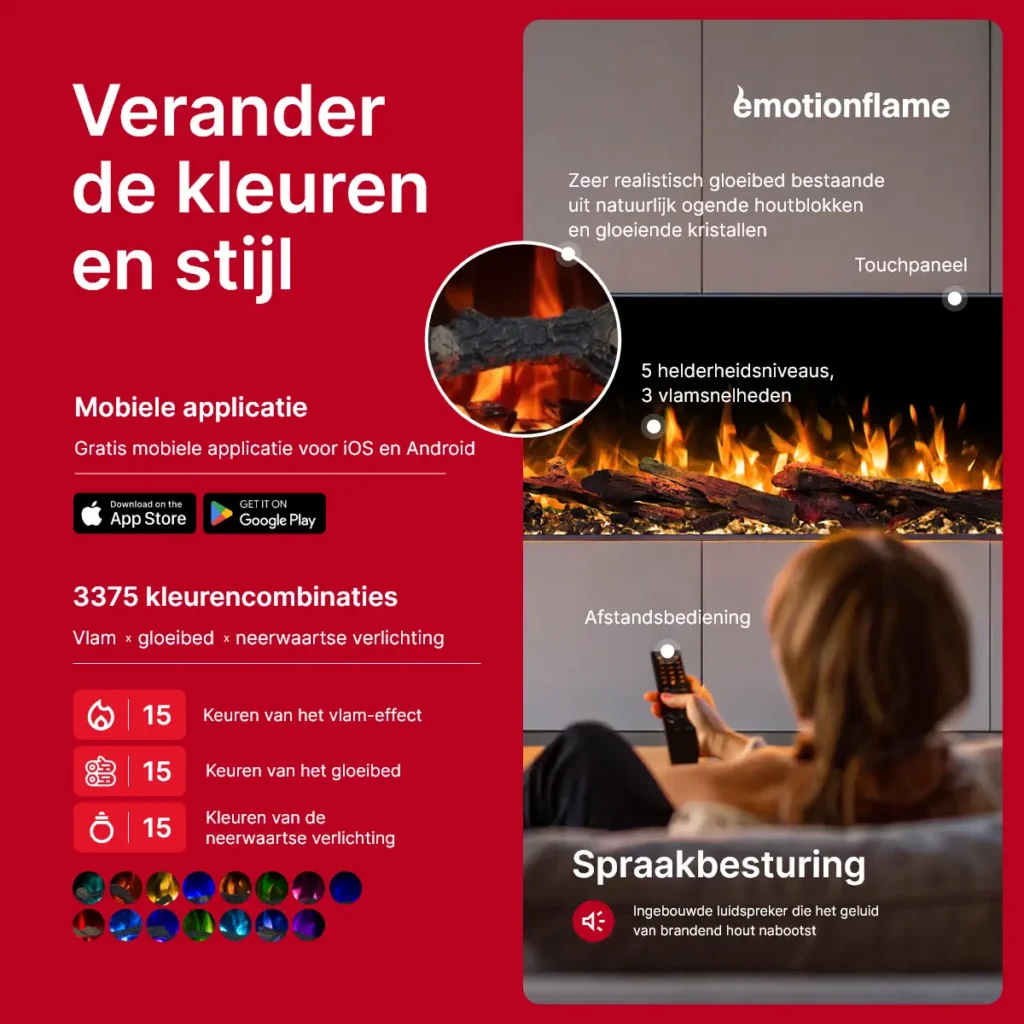 Bediening van de elektrische haard Emotion Flame Solis: mobiele app, afstandsbediening, touch-paneel, 3375 kleurcombinaties en een ingebouwde luidspreker met knetterend vuurgeluid.